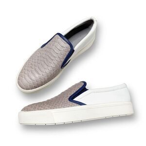 Vince Two-Tone Ivory Gray Banler Crocodile Snake Skin Slip Ons Women’s Size 6.5M